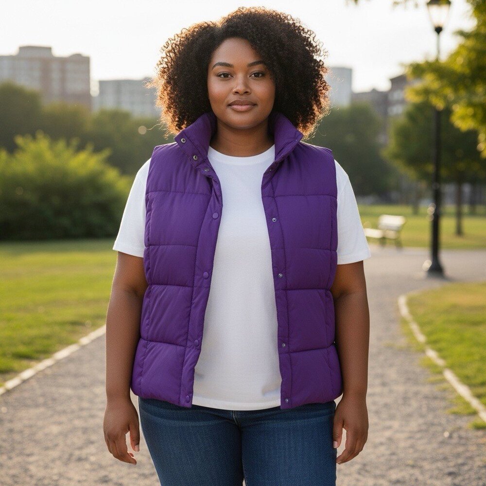 LANDS END Puffer Vest 2X Grape Purple Zip Front Down/Feather Quilted *Stained*